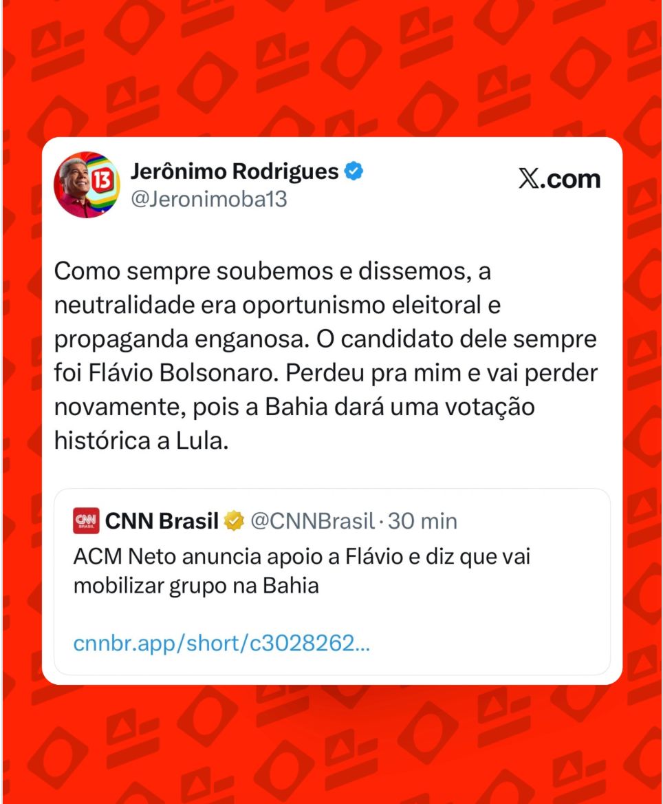 ”A neutralidade de ACM Neto era oportunismo eleitoral", afirma Jerônimo
